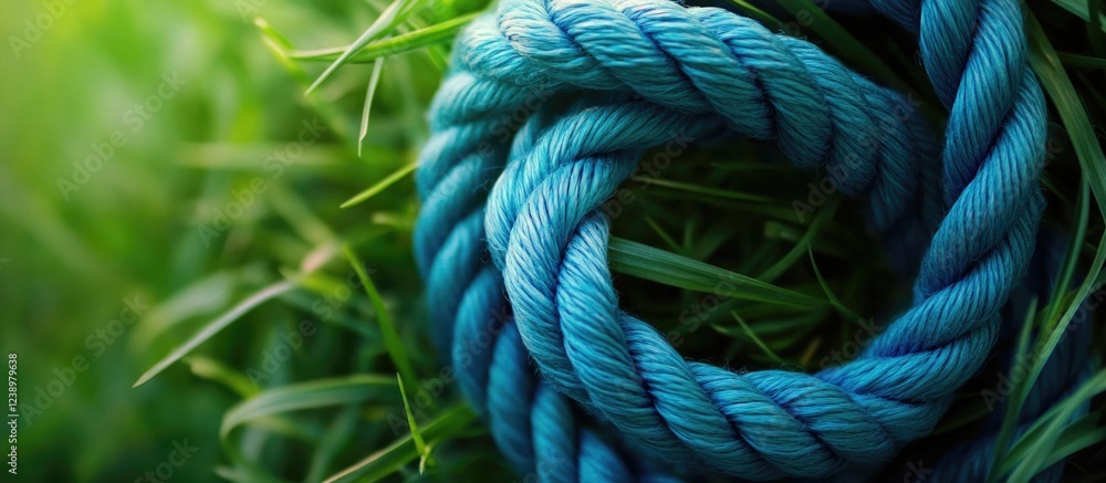 Poster Close-up of blue twisted rope coiled on green grass background with soft natural light and copy space for text placement