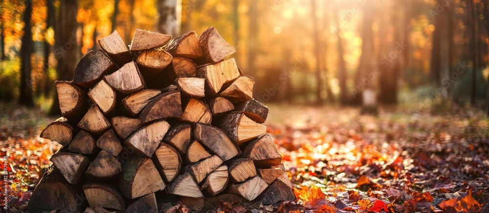 Poster Stacked firewood in a forest clearing with colorful autumn leaves and soft sunlight creating a warm atmosphere Copy Space