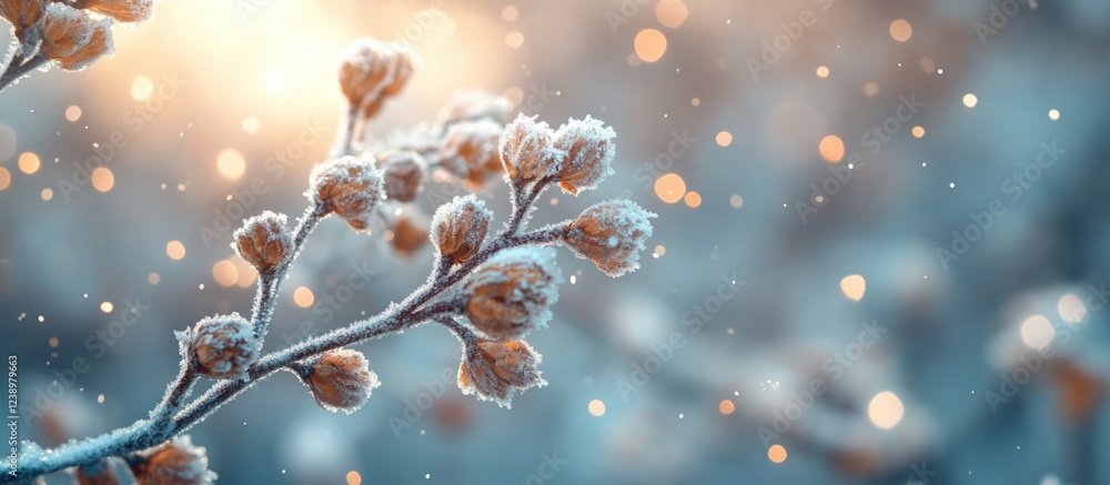 Aufkleber frosted flower buds on a branch with bokeh effect in a winter landscape and soft sunlight background
