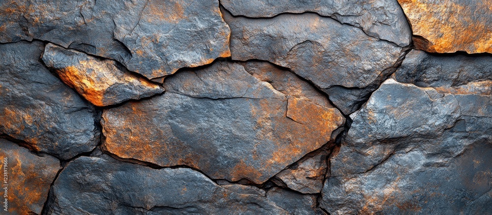 Aufkleber Dark textured stone wall background with jagged edges and rust-colored highlights ideal for various design applications. Copy Space