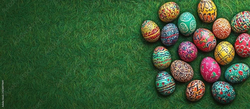 Poster colorful decorated easter eggs on green grass background with ample copy space for text