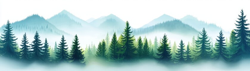Misty Forest Landscape Featuring Tall Pine Trees in a Serene Natural Setting