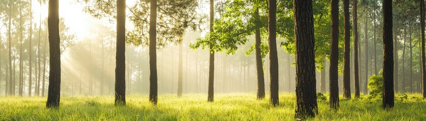 Misty Forest with Tall Pine Trees Bathed in Soft Morning Light Creating a Serene Atmosphere for Nature Lovers