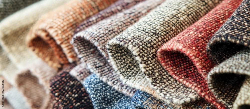 Poster Colorful woven fabric samples arranged in a row showcasing various textures and patterns with blurred background and Copy Space