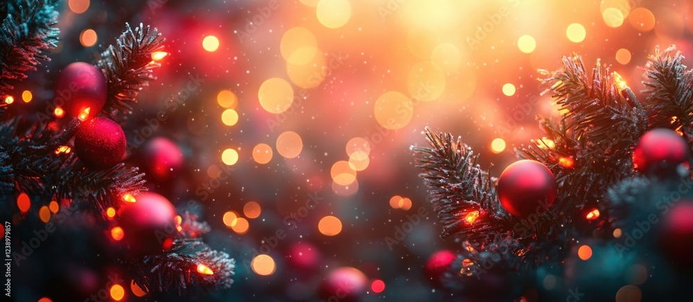 Poster christmas tree branches with red ornaments and glowing bokeh lights in warm colors suitable for fest