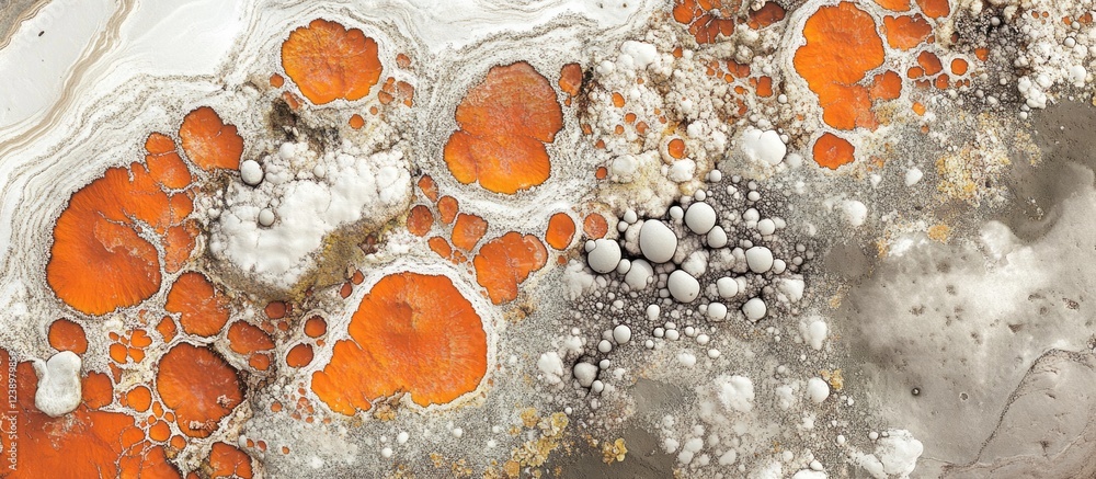 Poster Abstract patterns of orange and gray textures with circular shapes and organic forms on a natural mineral surface Copy Space