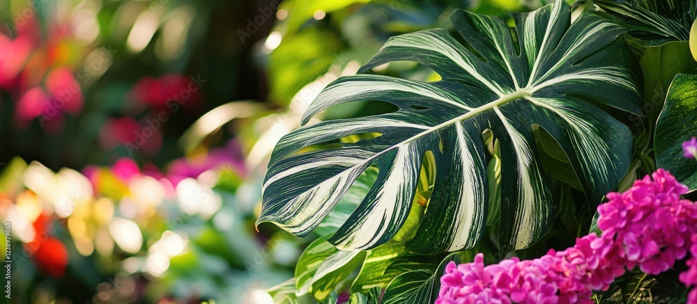Poster tropical foliage with detailed monstera leaf in foreground and vibrant flowers in soft focus backgro
