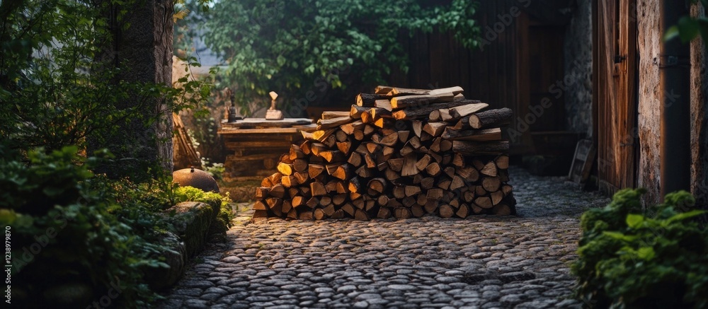 Poster woodpile in rustic garden surrounded by lush greenery and cobblestone pathway with dim evening light