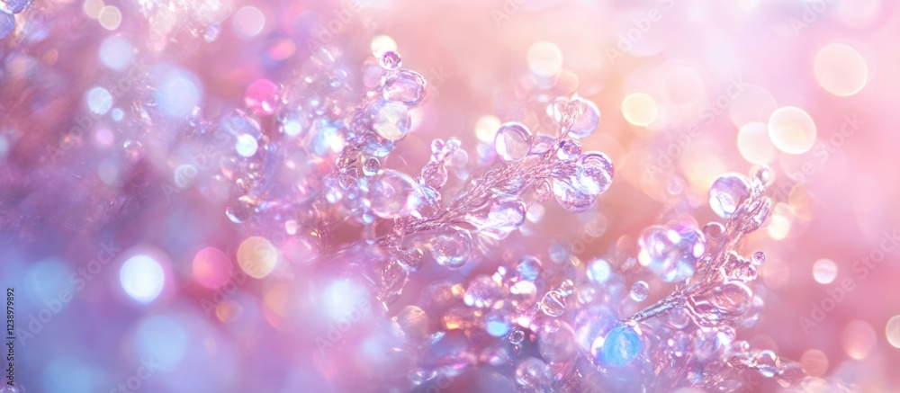 Poster Abstract close-up of iridescent water droplets on delicate plant material with a colorful bokeh background and soft pastel tones Copy Space