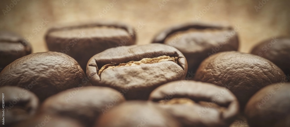 Poster close-up of roasted coffee beans on textured surface showing rich brown color and details of coffee 