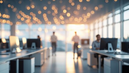Modern office workspace at sunset with people working and ambient lighting