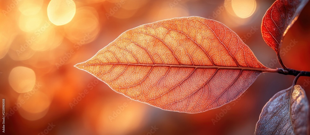 Aufkleber close-up view of a single autumn leaf with detailed texture against a blurred orange background with