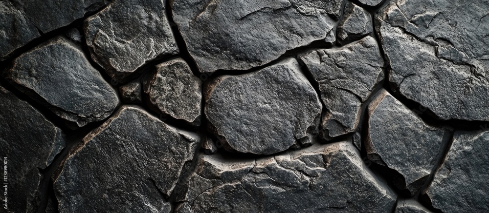 Poster Dark textured stone surface with irregular shaped rocks arranged closely together representing natural wall pattern Copy Space