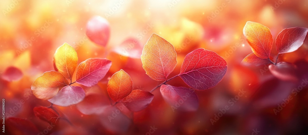 Poster autumn leaves in vibrant shades of orange and red with a blurred background and soft lighting enabli