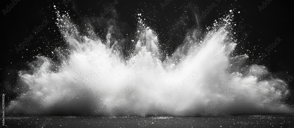 Poster white powder explosion with high contrast against a black background creating dynamic splashes and p