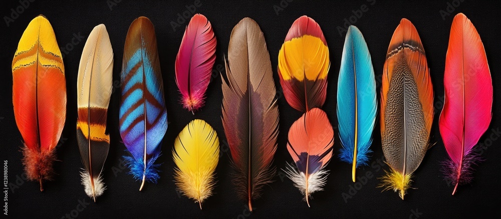 Aufkleber Colorful bird feathers arranged in a line against a black background showcasing various patterns and textures Copy Space