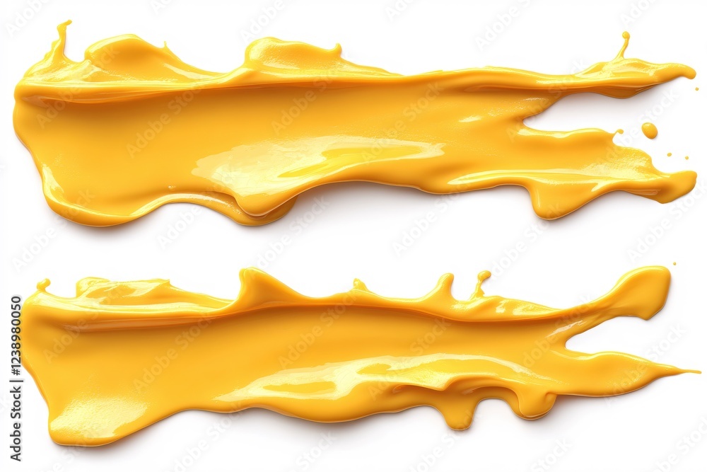 Poster two yellow paint splashes on white surface in horizontal lines with dynamic movement and texture