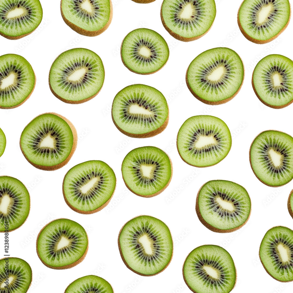 Poster a repeating pattern of numerous sliced kiwi fruit pieces against a solid black background.