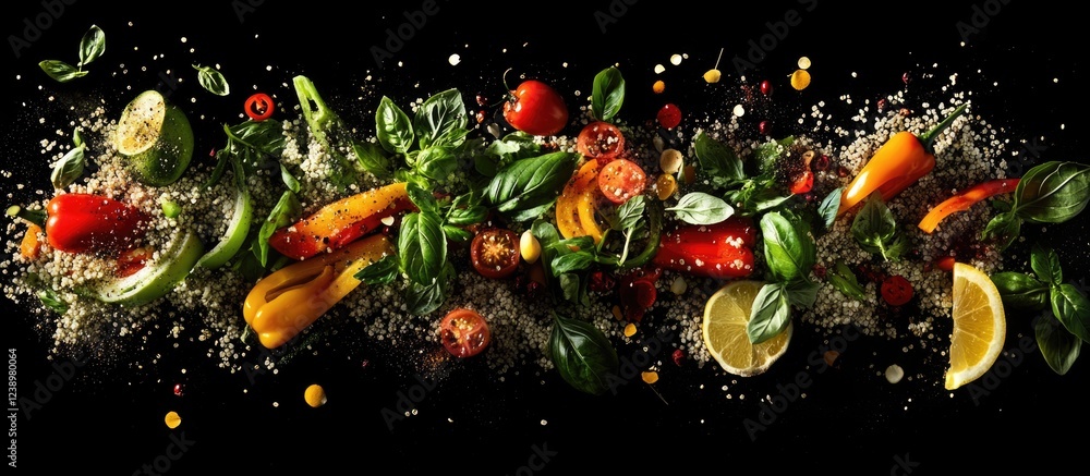 Poster fresh colorful vegetables herbs and spices arranged on dark background with copy space for text
