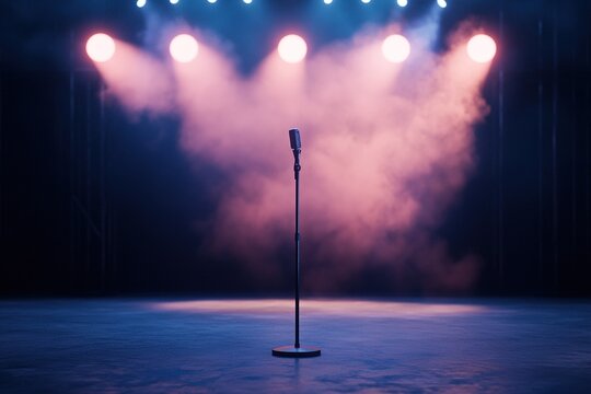 A solitary microphone stand sits center stage under soft, dim overhead lights. Shadows envelop the area, enhancing the intimate and anticipatory vibe of the performance space