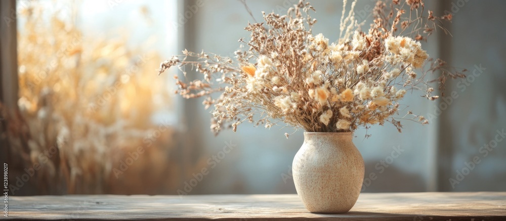 Poster dried flowers in a rustic vase on a wooden table with a blurred background and warm natural light co