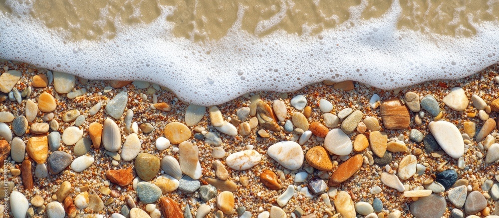 Poster Pebbles on the shoreline with gentle waves washing over them and sandy texture visible in background Copy Space