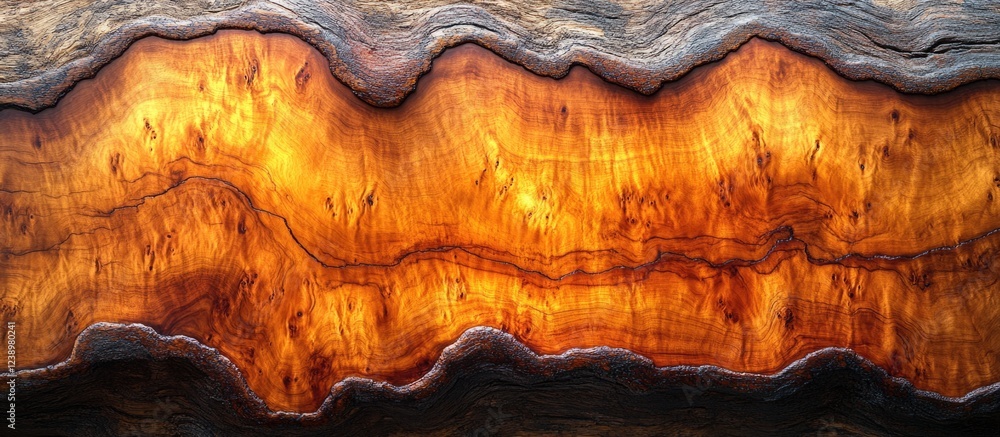 Poster close-up view of polished wood grain with rich orange tones and distinct patterns ideal for backgrou