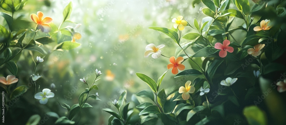 Poster colorful wildflowers in lush green foliage with soft sunlight and a dreamy bokeh effect providing am