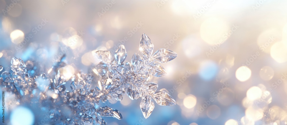 Poster close-up of a delicate ice crystal or snowflake with a blurred bokeh background of soft blue and war
