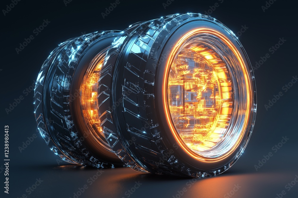 Poster high-tech futuristic tire with a transparent outer shell, displaying glowing internal mechanics.