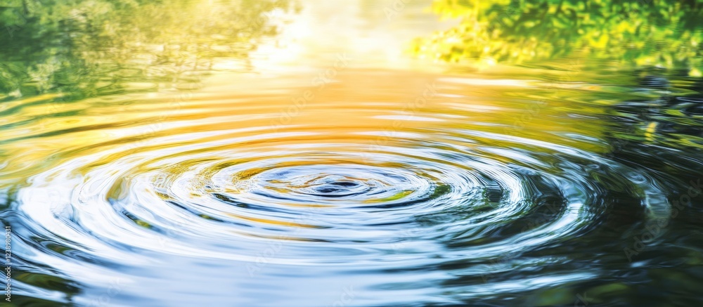 Aufkleber Ripples on Calm Water Surface with Reflections of Greenery and Soft Light in Background Copy Space