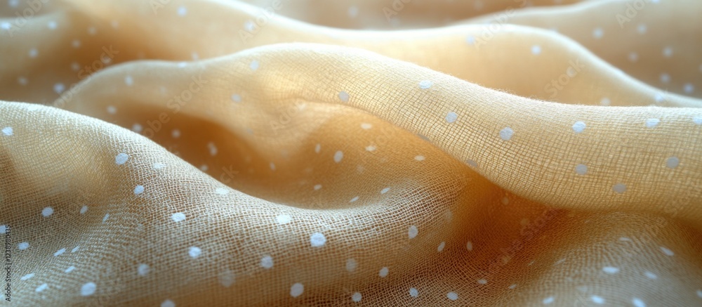Aufkleber Textured yellow fabric with white polka dots arranged in soft folds and gentle waves with natural lighting and soft focus for background use