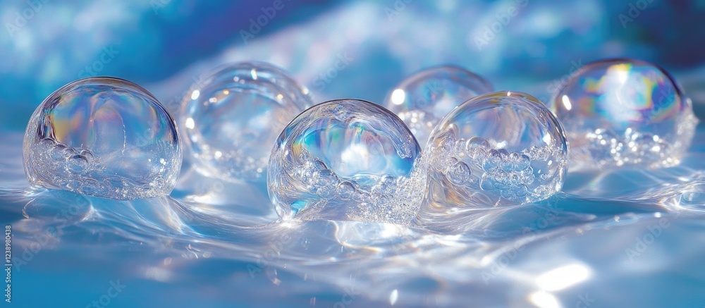 Poster transparent soap bubbles on water surface reflecting light with soft blue background and gentle ripp