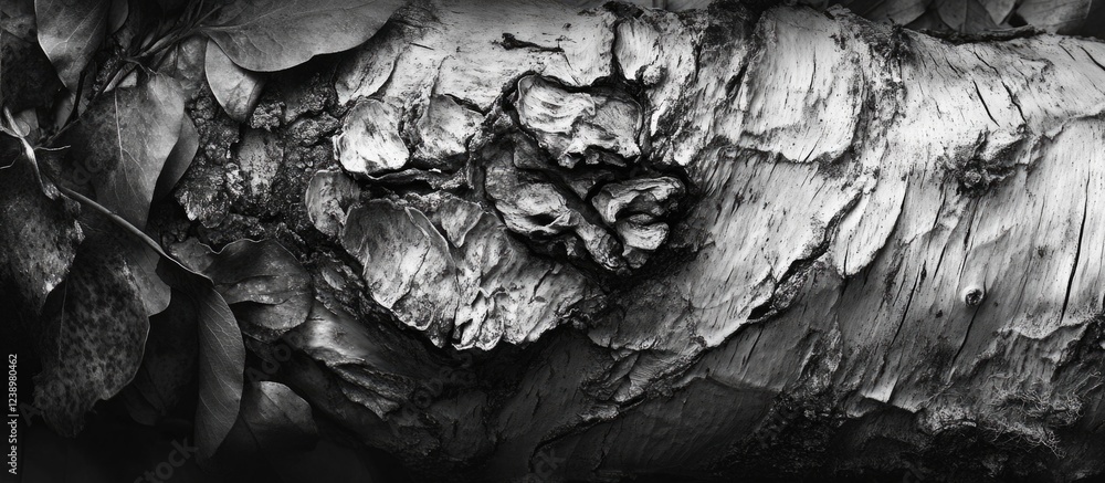 Aufkleber Textured close-up of weathered tree bark in black and white with leafy elements surrounding the natural patterns and details Copy Space