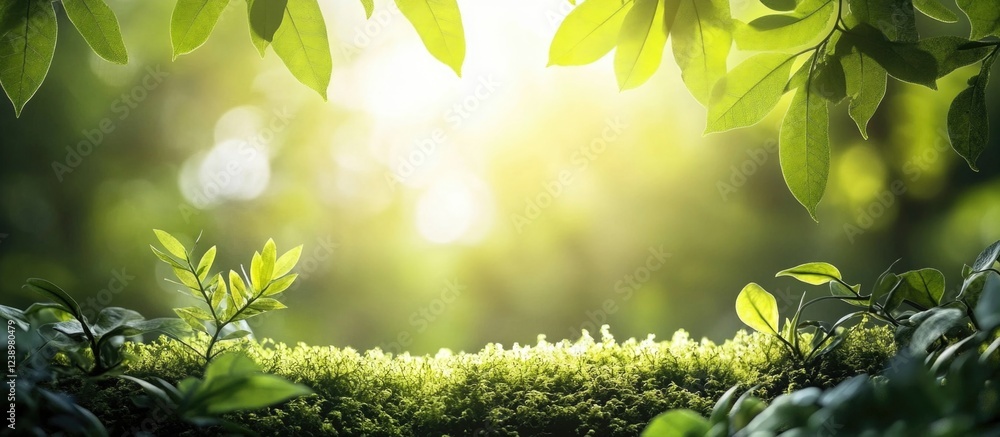 Poster Sunlight filtering through leaves over lush green moss with blurred background creating a peaceful natural scene Copy Space