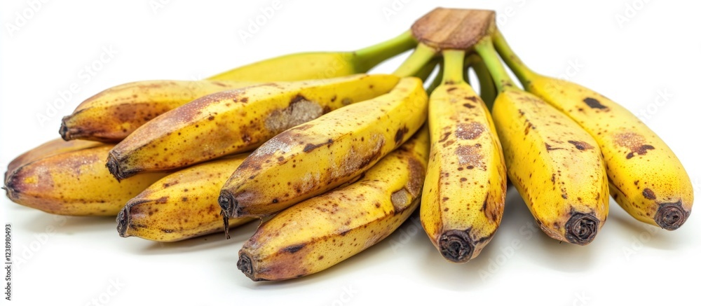 Poster bunch of ripe and slightly overripe bananas with brown spots on a white background with copy space