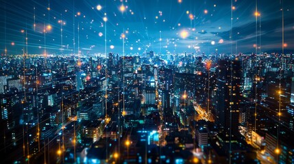 Obraz premium A breathtaking view of a city skyline shines brightly at night, with thousands of lights twinkling amidst the skyscrapers, reflecting the vibrant energy of urban life