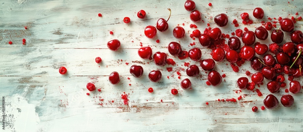 Aufkleber Fresh red cherries scattered on rustic wooden surface with copy space for text placement.