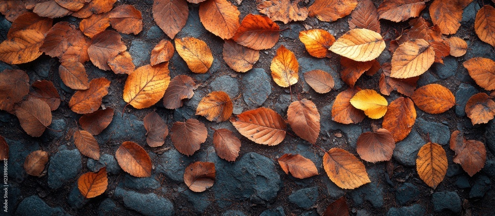 Poster autumn leaves scattered on a textured surface with subtle shadows and textures creating a natural ba
