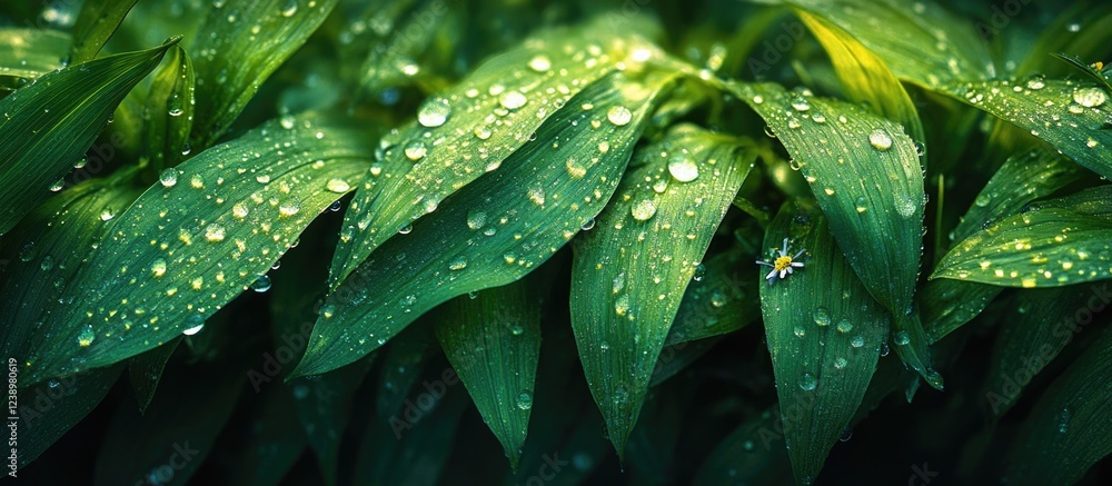 Poster green leaves with water droplets and a small flower in a natural setting with copy space for text