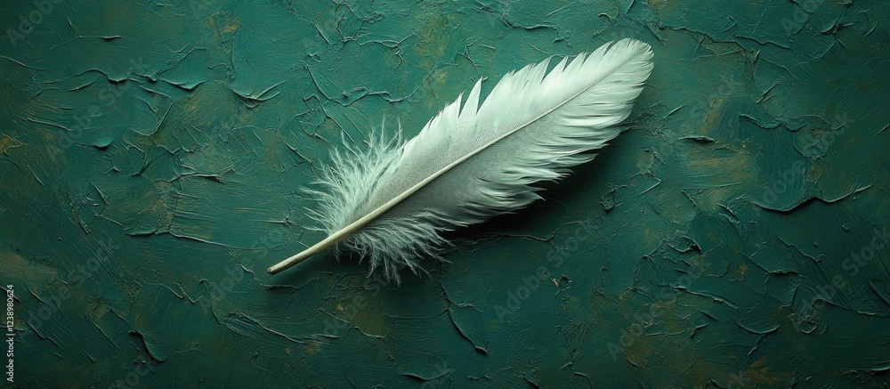 Poster white feather on textured teal background with subtle paint details and ample copy space for design 
