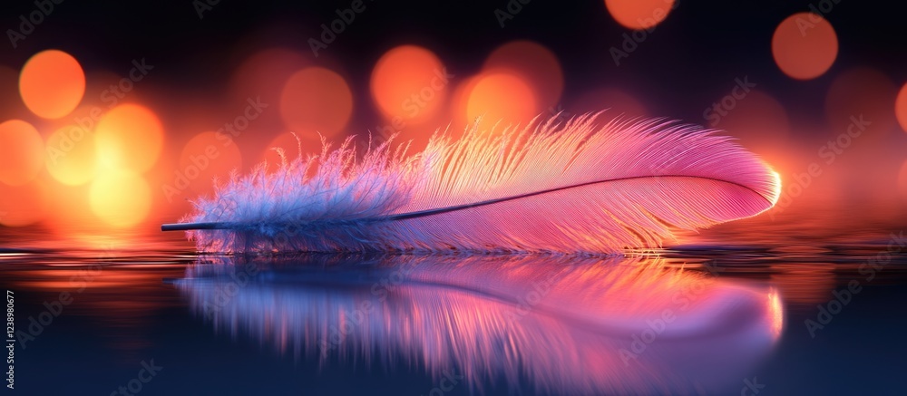 Poster colorful feather resting on water surface with shimmering bokeh lights in background and reflection 