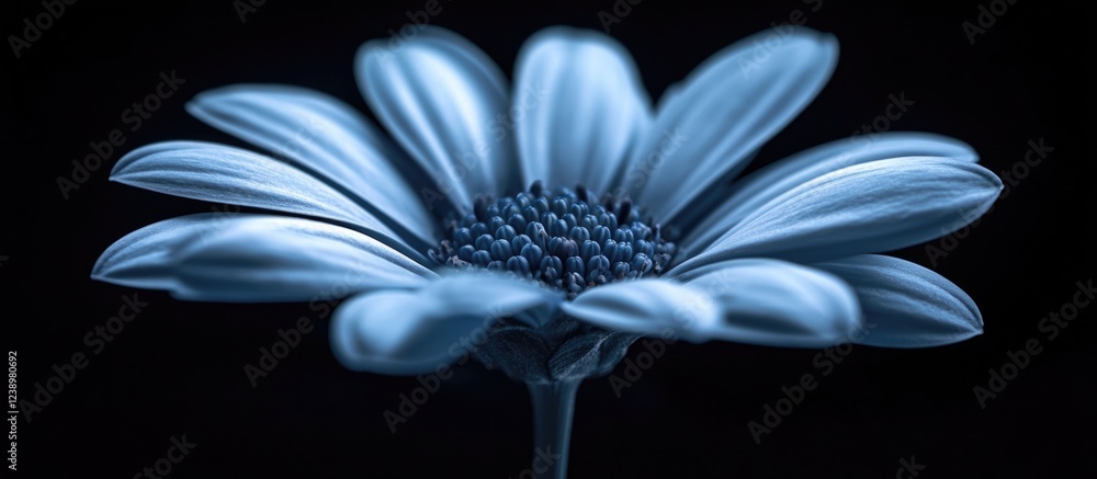 Poster blue toned close-up of a daisy flower with intricate details and petals against a dark background su