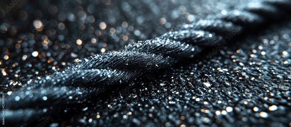 Poster close-up of a twisted black rope detailed with glittering textures on a dark background with copy sp