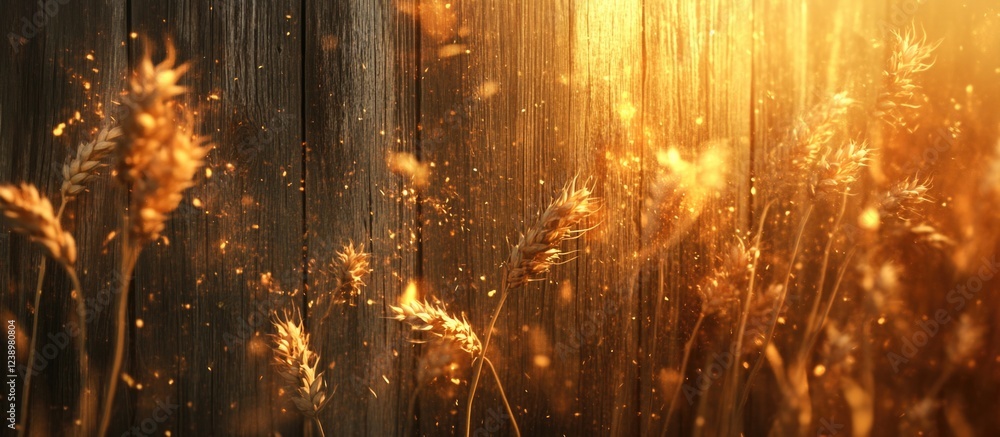 Poster golden wheat field in sunlight with wooden background and bokeh effect, ideal for agriculture and na