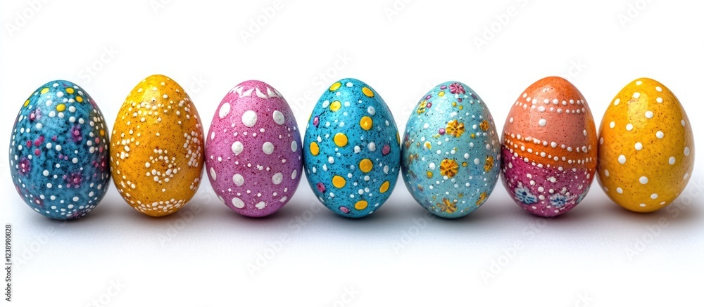Aufkleber Colorful decorated Easter eggs in a row on white background with patterns and designs including dots and swirls Copy Space