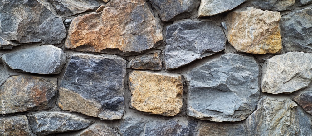 Aufkleber Textured background of natural stone wall featuring a mix of gray and brown stones with irregular shapes and patterns Copy Space