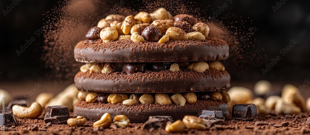 Aufkleber Chocolate cookies stacked with nuts and cocoa powder on a textured surface with scattered nuts in the background Copy Space