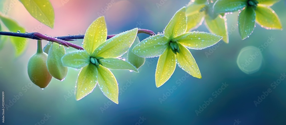 Poster close-up of vibrant green flowers with dew drops on branch against a blurred background of soft past