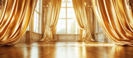 Luxurious interior room with golden curtains and wooden flooring illuminated by natural light from large windows Copy Space